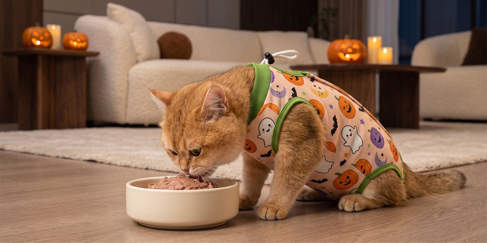 Cat in an Avont recovery suit at dinner
